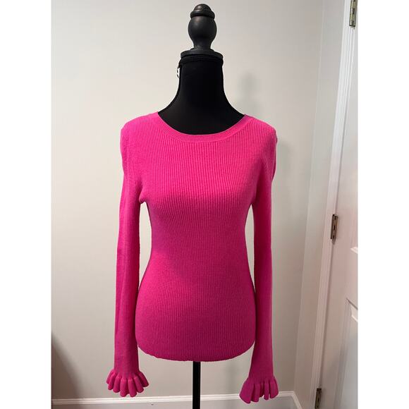 Hot Pink Ribbed Long Sleeve Sweater with Ruffled Cuffs - Picture 1 of 7